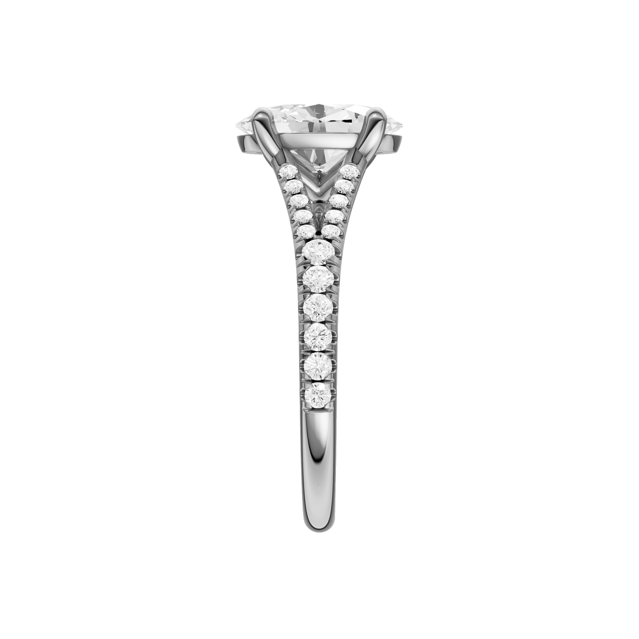 A side view of the Oval cut diamond engagement ring in platinum with a prong band and solitaire setting