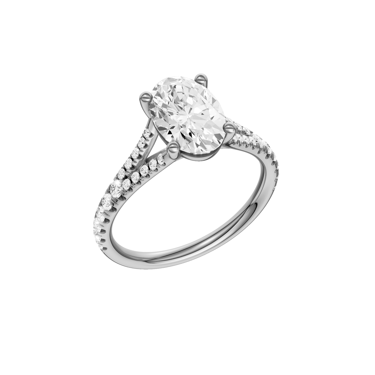 A three-quarter view of the Oval cut diamond engagement ring in 14k white gold with a prong band and solitaire setting
