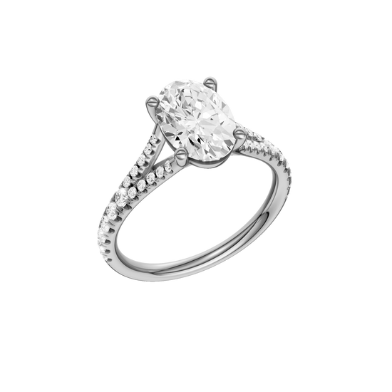 A three-quarter view of the Oval cut diamond engagement ring in platinum with a prong band and solitaire setting