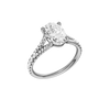 A three-quarter view of the Oval cut diamond engagement ring in platinum with a prong band and solitaire setting