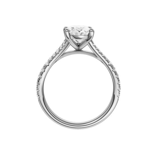 A profile view of the Oval cut diamond engagement ring in 14k white gold with a prong band and solitaire setting