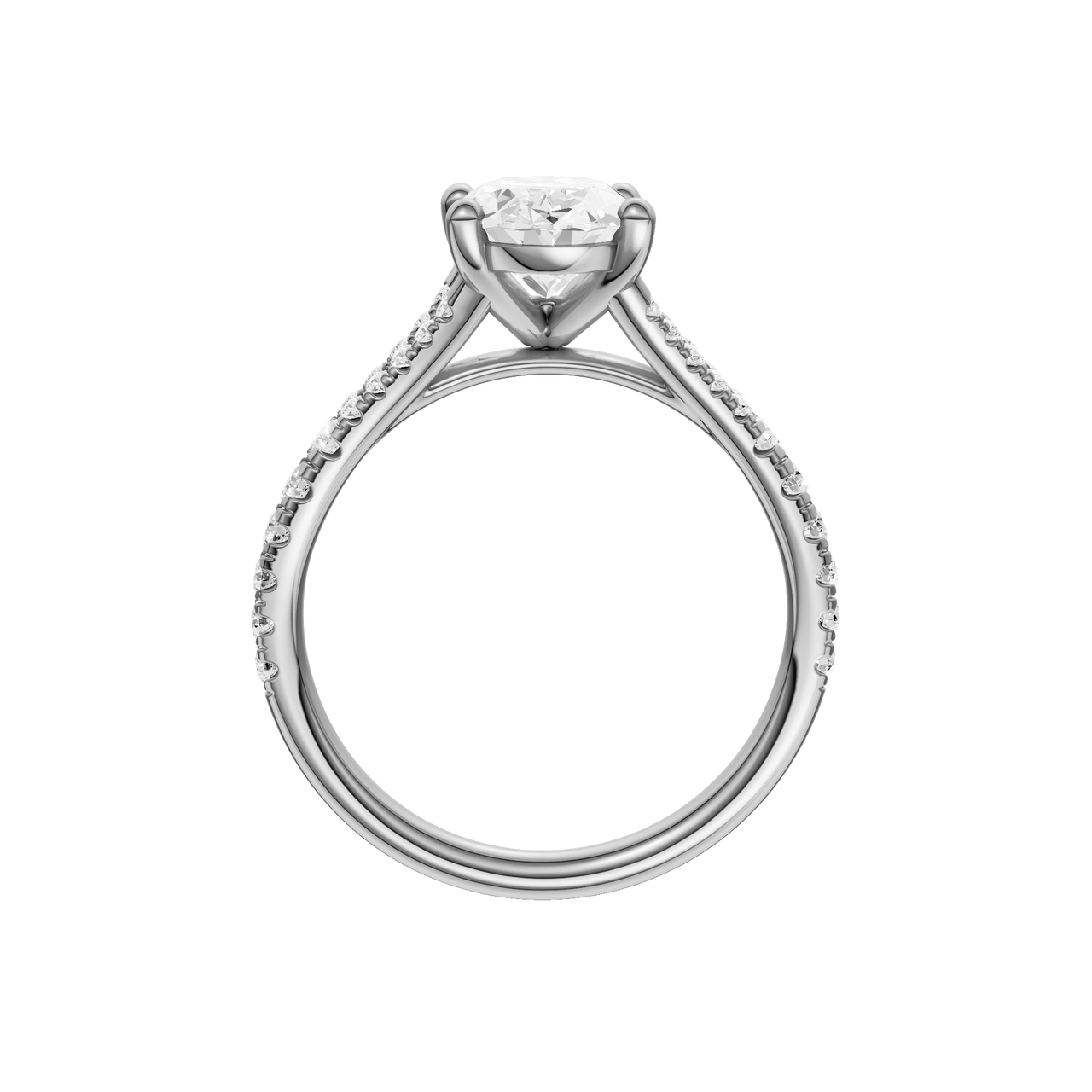 A profile view of the Oval cut diamond engagement ring in 14k white gold with a prong band and solitaire setting