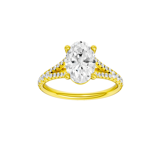 A front view of the Oval cut diamond engagement ring in 14k yellow gold with a prong band and solitaire setting