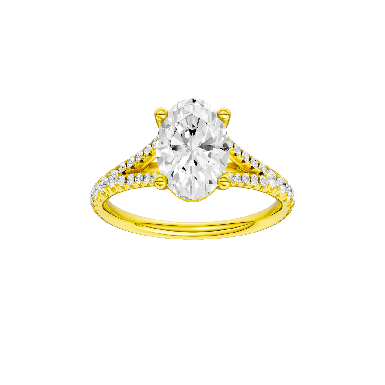 A front view of the Oval cut diamond engagement ring in 14k yellow gold with a prong band and solitaire setting
