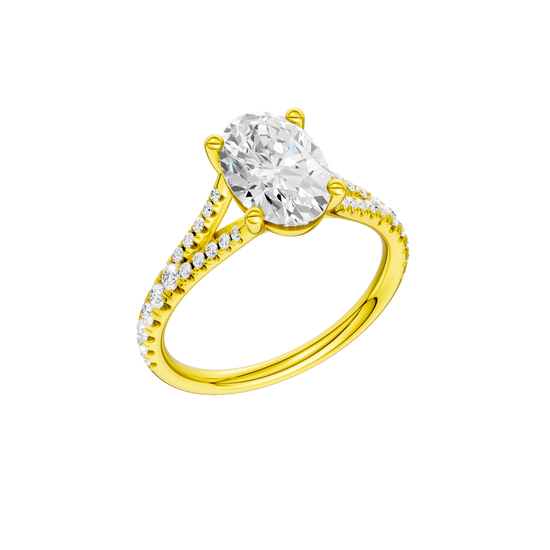 A three-quarter view of the Oval cut diamond engagement ring in 14k yellow gold with a prong band and solitaire setting