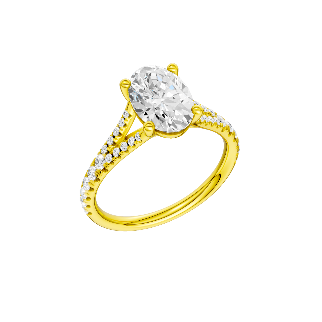A three-quarter view of the Oval cut diamond engagement ring in 14k yellow gold with a prong band and solitaire setting