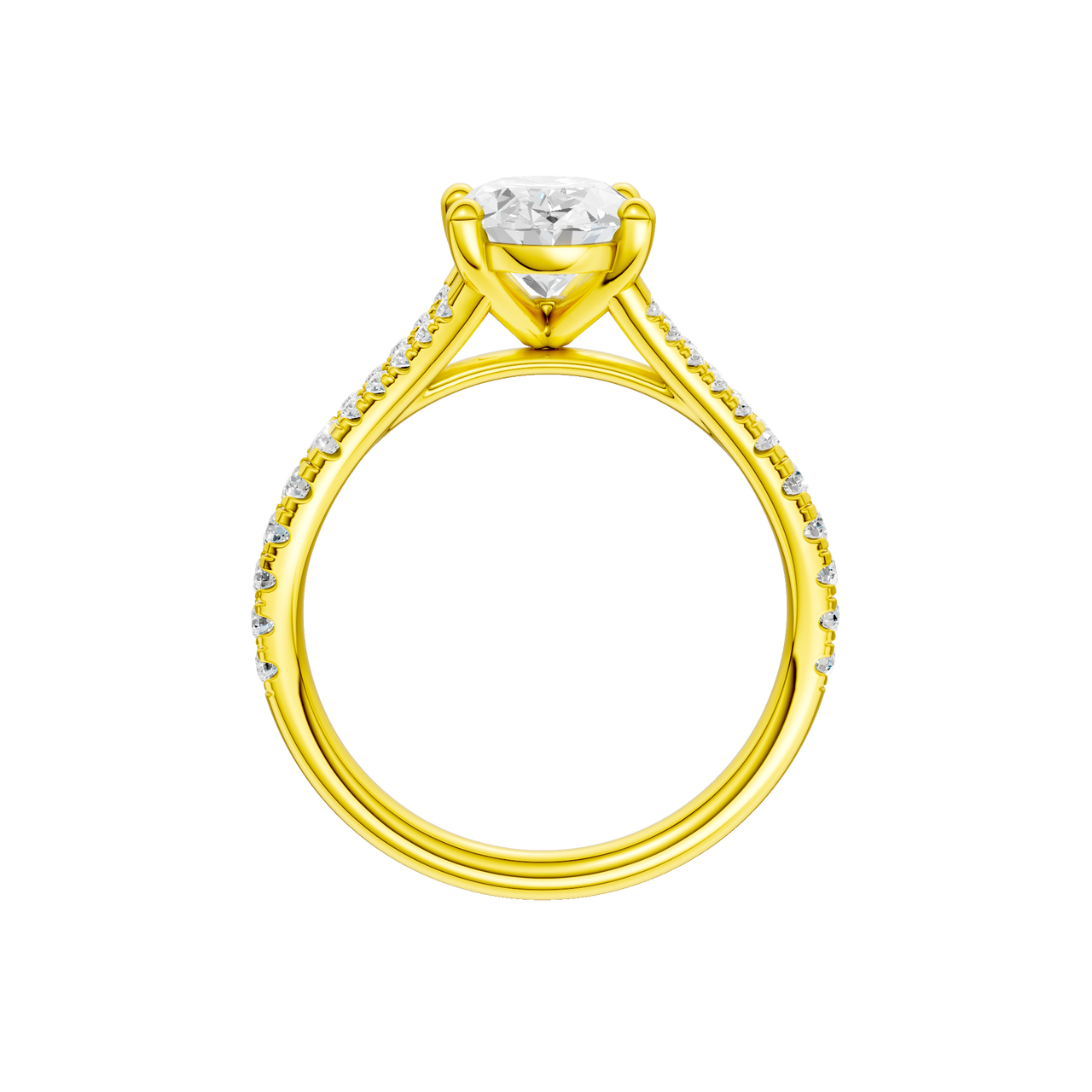 A profile view of the Oval cut diamond engagement ring in 14k yellow gold with a prong band and solitaire setting