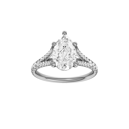 A front view of the Pear cut diamond engagement ring in 14k white gold with a prong band and solitaire setting