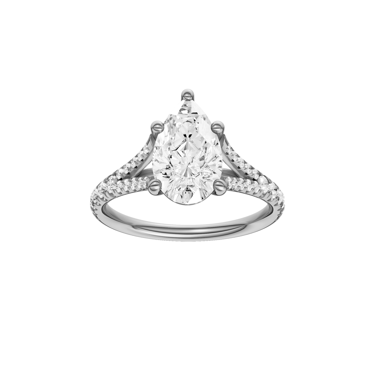 A front view of the Pear cut diamond engagement ring in 14k white gold with a prong band and solitaire setting