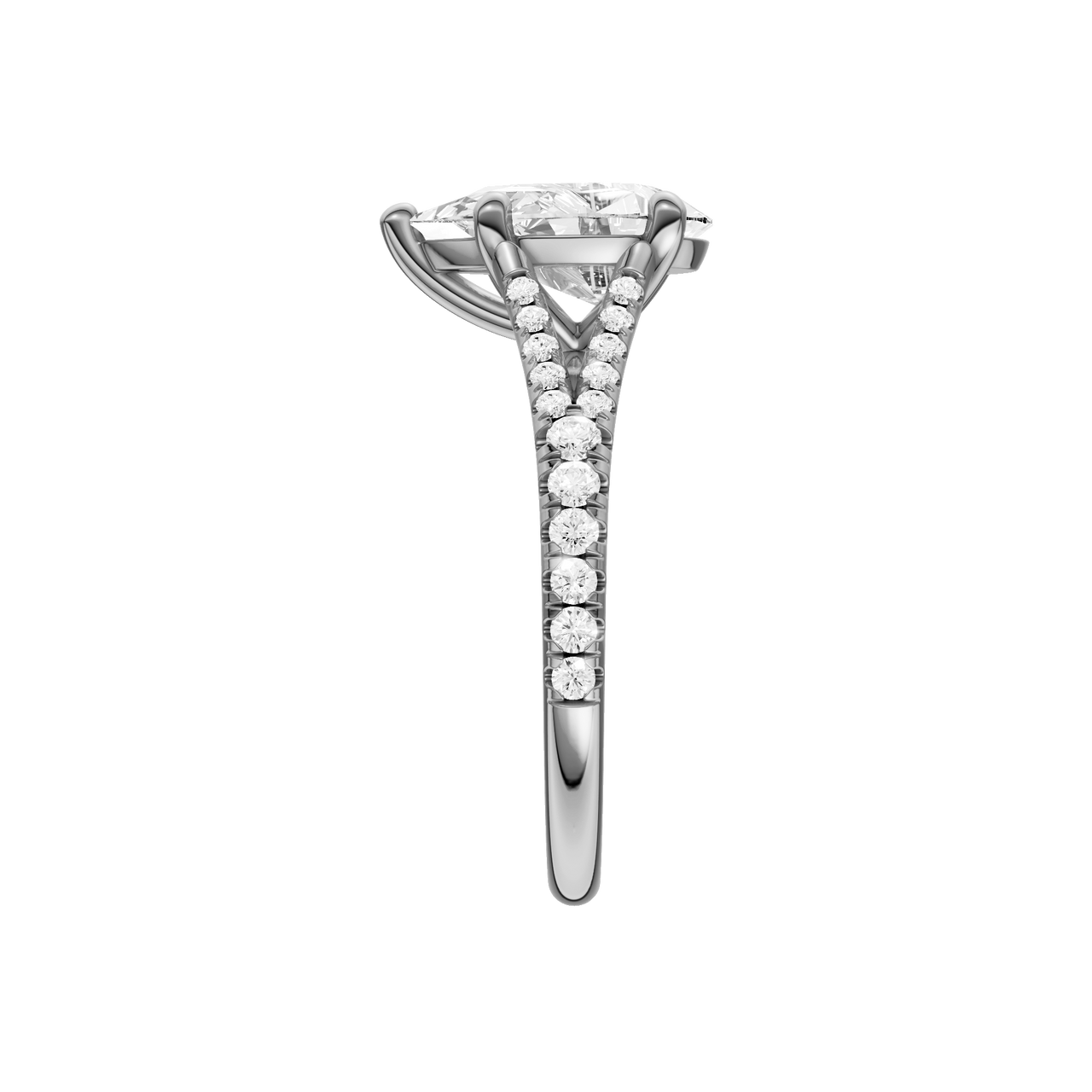 A side view of the Pear cut diamond engagement ring in platinum with a prong band and solitaire setting