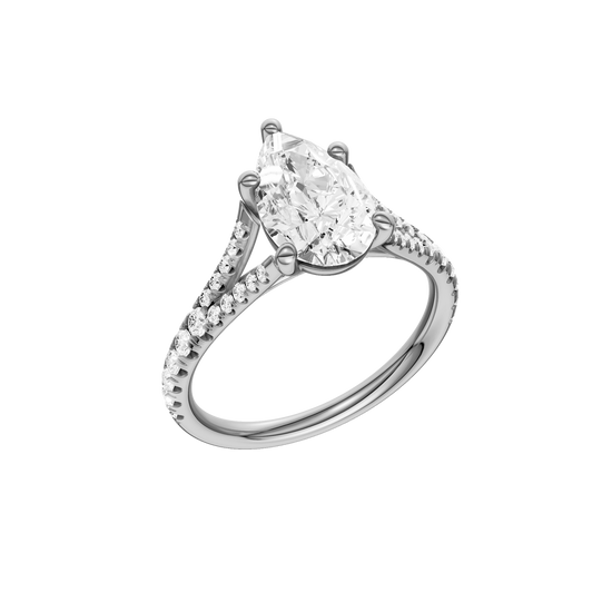 A three-quarter view of the Pear cut diamond engagement ring in 14k white gold with a prong band and solitaire setting