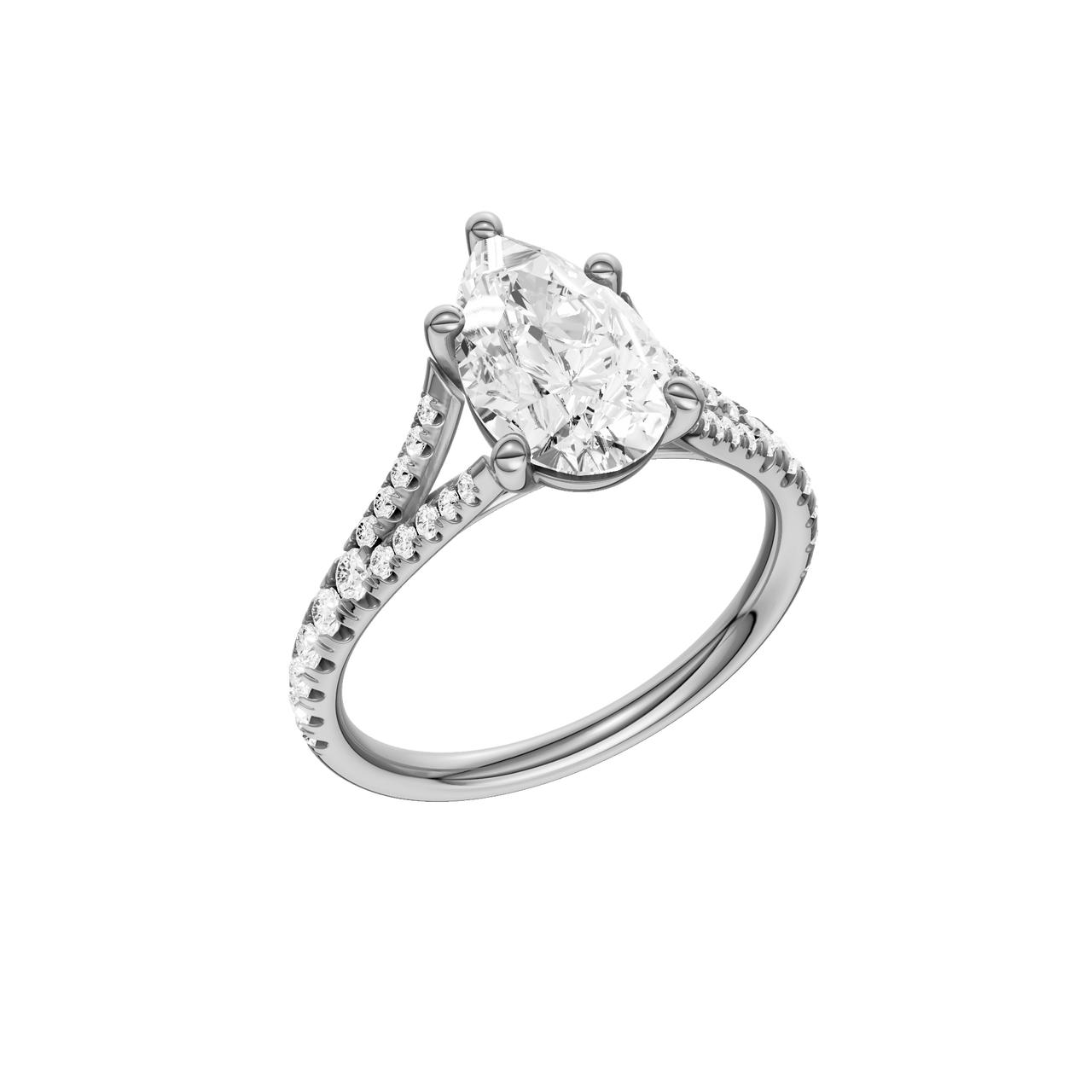 A three-quarter view of the Pear cut diamond engagement ring in platinum with a prong band and solitaire setting