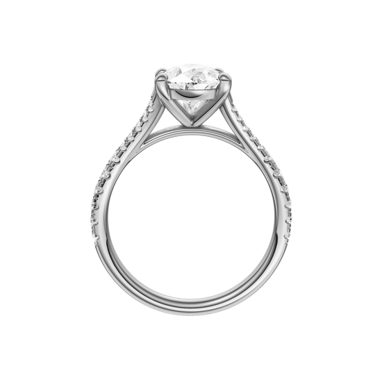 A profile view of the Pear cut diamond engagement ring in platinum with a prong band and solitaire setting