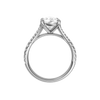 A profile view of the Pear cut diamond engagement ring in platinum with a prong band and solitaire setting
