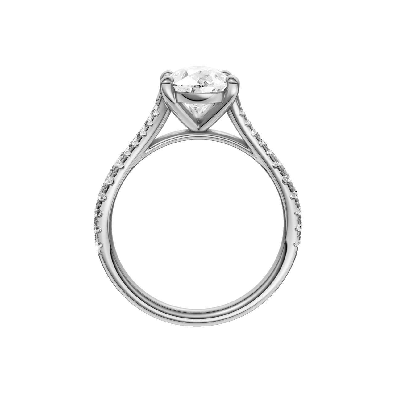 A profile view of the Pear cut diamond engagement ring in 14k white gold with a prong band and solitaire setting