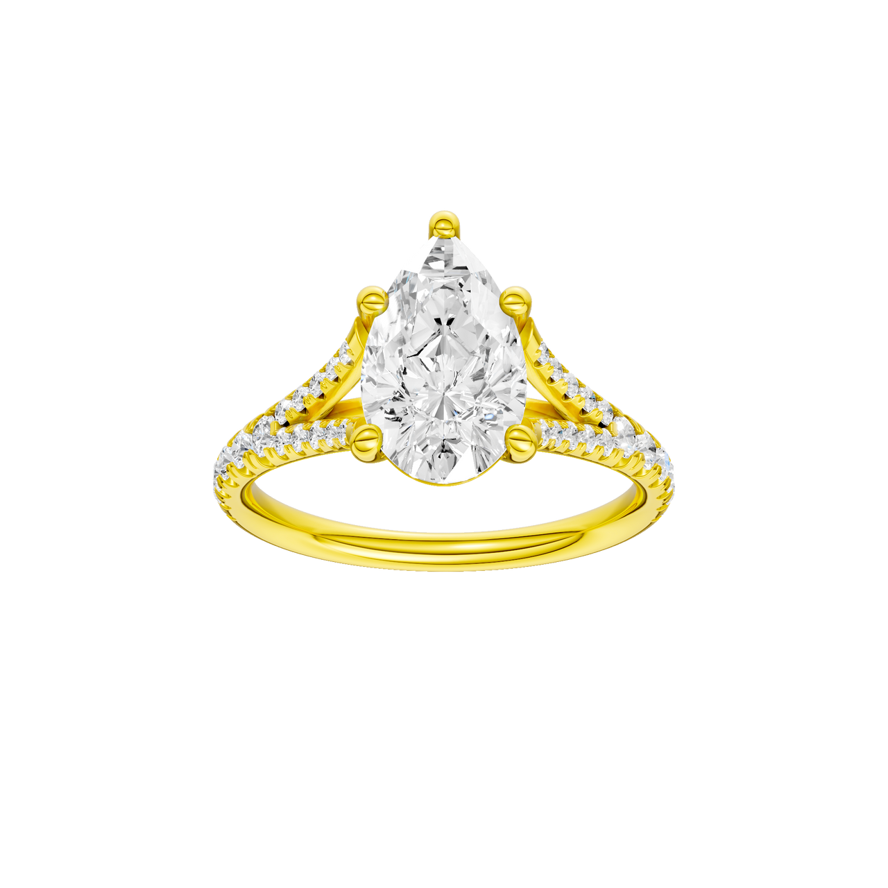 A front view of the Pear cut diamond engagement ring in 14k yellow gold with a prong band and solitaire setting