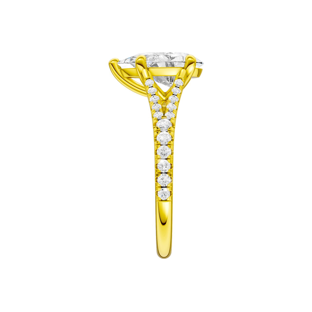 A side view of the Pear cut diamond engagement ring in 14k yellow gold with a prong band and solitaire setting