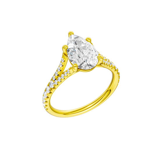 A three-quarter view of the Pear cut diamond engagement ring in 14k yellow gold with a prong band and solitaire setting
