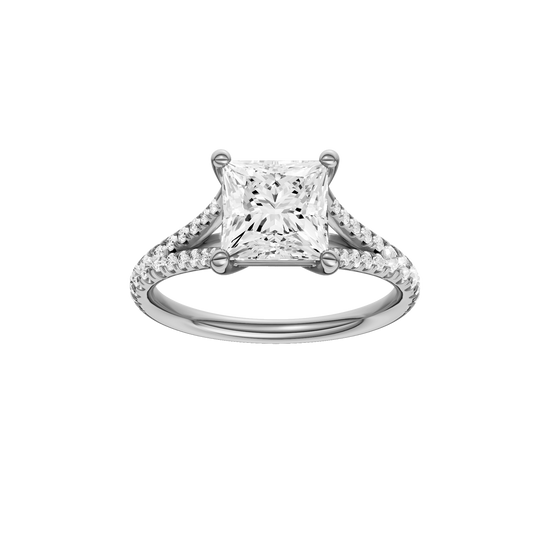 A front view of the Princess cut diamond engagement ring in 14k white gold with a prong band and solitaire setting