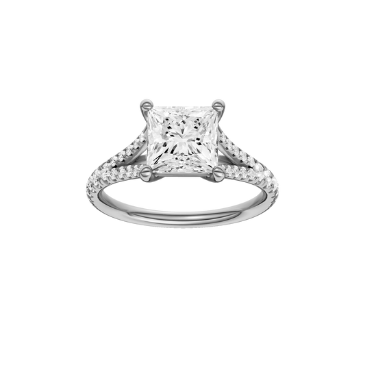 A front view of the Princess cut diamond engagement ring in 14k white gold with a prong band and solitaire setting
