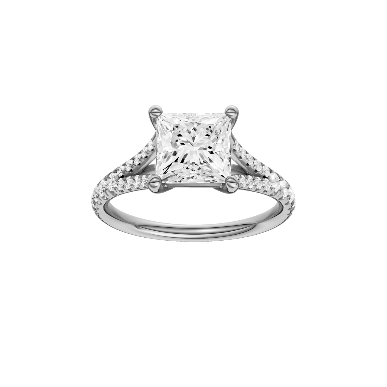 A front view of the Princess cut diamond engagement ring in platinum with a prong band and solitaire setting