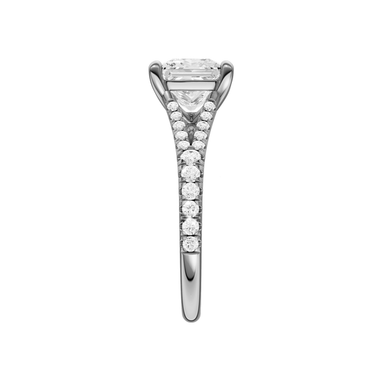 A side view of the Princess cut diamond engagement ring in platinum with a prong band and solitaire setting