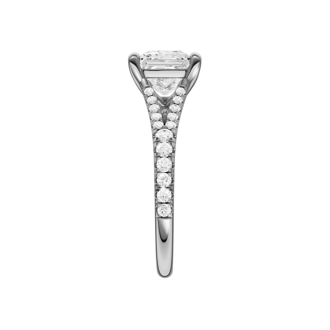 A side view of the Princess cut diamond engagement ring in platinum with a prong band and solitaire setting