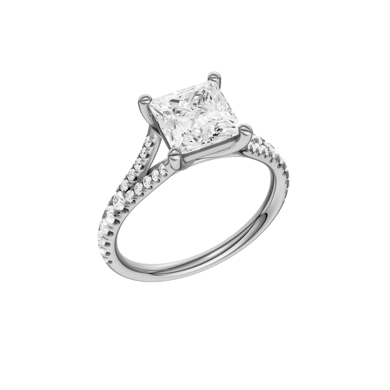 A three-quarter view of the Princess cut diamond engagement ring in 14k white gold with a prong band and solitaire setting