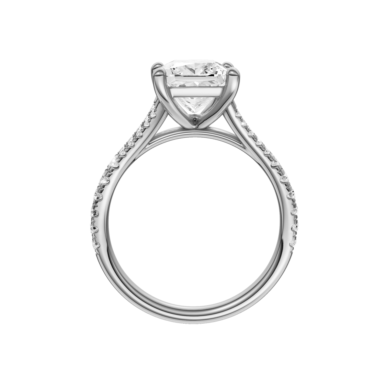 A profile view of the Princess cut diamond engagement ring in 14k white gold with a prong band and solitaire setting