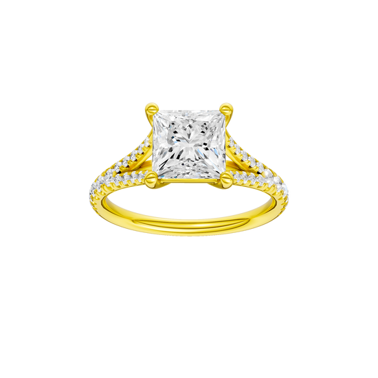 A front view of the Princess cut diamond engagement ring in 14k yellow gold with a prong band and solitaire setting