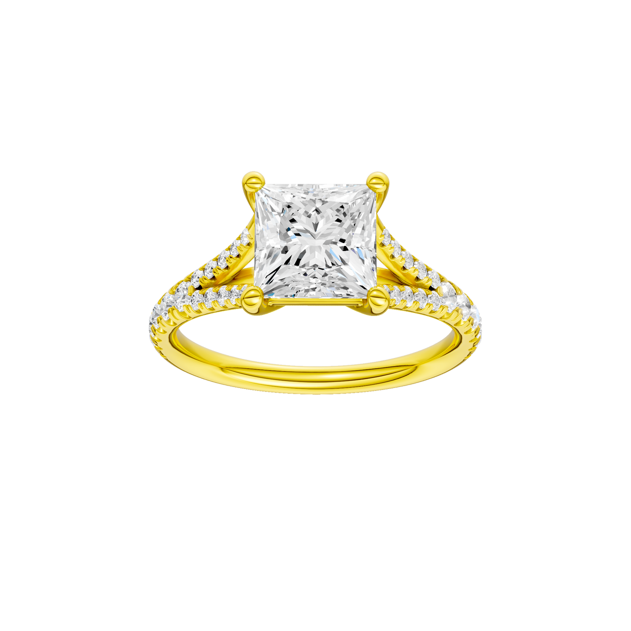 A front view of the Emerald cut diamond engagement ring in 14k yellow gold with a prong band and solitaire setting