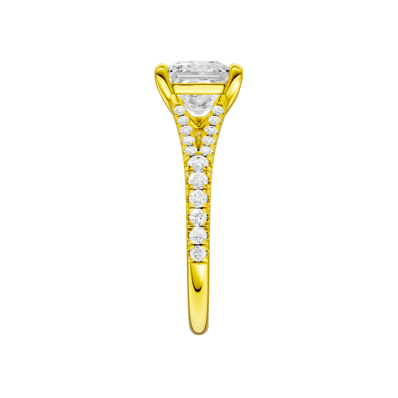 A side view of the Princess cut diamond engagement ring in 14k yellow gold with a prong band and solitaire setting