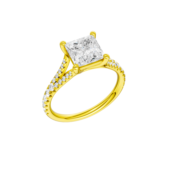 A three-quarter view of the Princess cut diamond engagement ring in 14k yellow gold with a prong band and solitaire setting