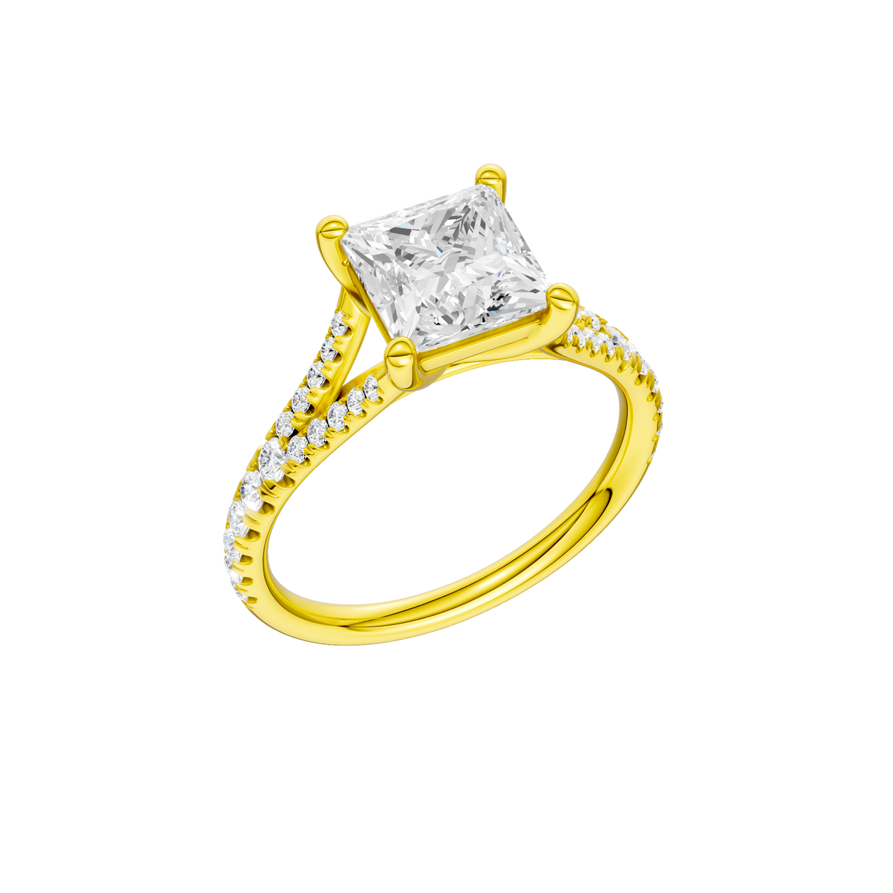A three-quarter view of the Princess cut diamond engagement ring in 14k yellow gold with a prong band and solitaire setting