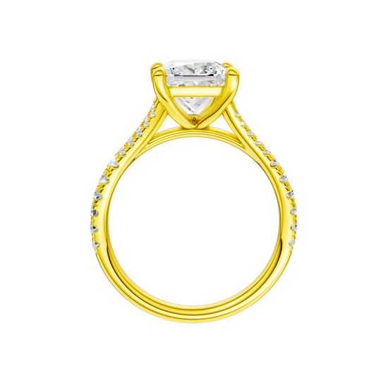 A profile view of the Princess cut diamond engagement ring in 14k yellow gold with a prong band and solitaire setting