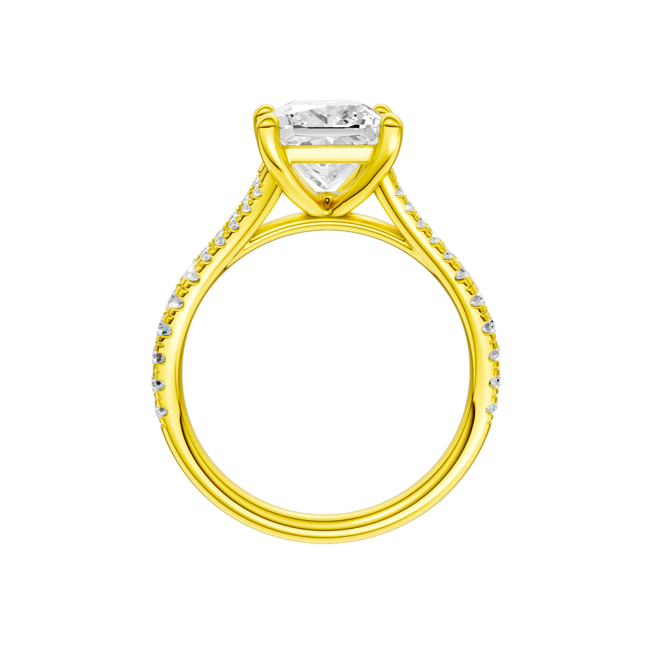 A profile view of the Princess cut diamond engagement ring in 14k yellow gold with a prong band and solitaire setting