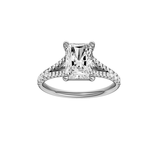 A front view of the Radiant cut diamond engagement ring in 14k white gold with a diamond band and solitaire setting