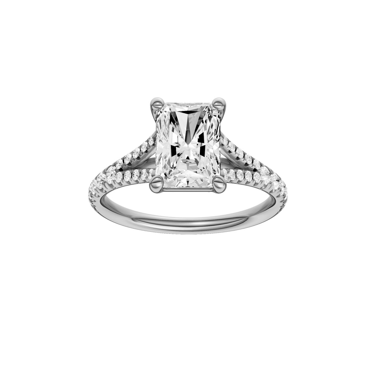 A front view of the Radiant cut diamond engagement ring in 14k white gold with a diamond band and solitaire setting