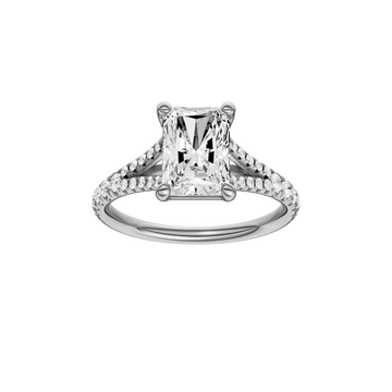 A front view of the Radiant cut diamond engagement ring in 14k white gold with a diamond band and solitaire setting