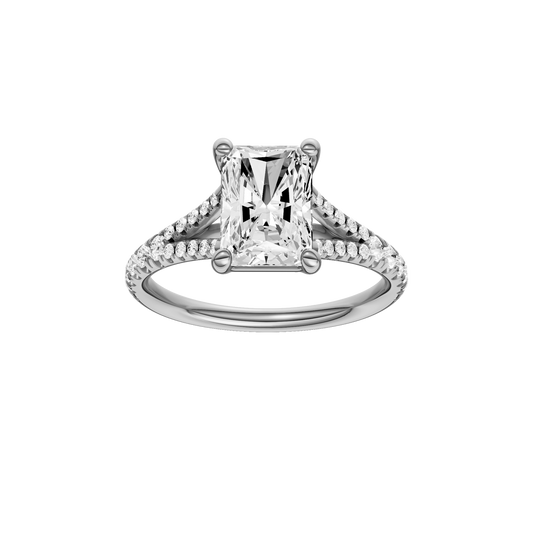 A front view of the Radiant cut diamond engagement ring in 14k white gold with a diamond band and solitaire setting