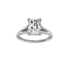 A front view of the Radiant cut diamond engagement ring in platinum with a diamond band and solitaire setting