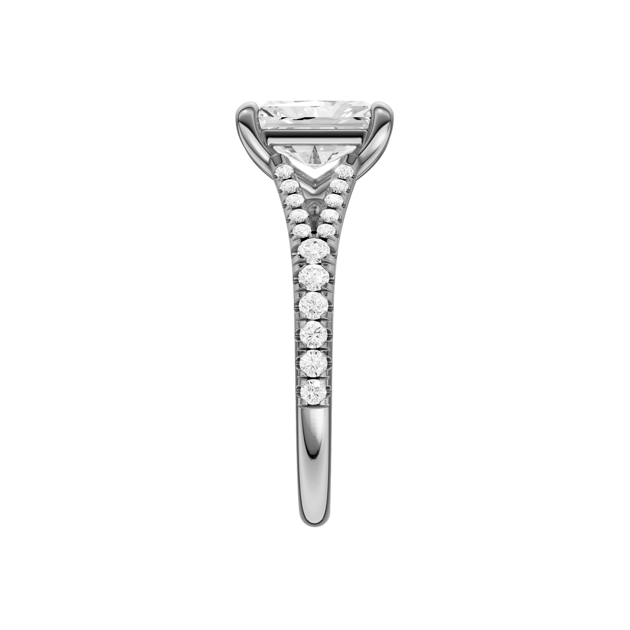 A side view of the Radiant cut diamond engagement ring in platinum with a diamond band and solitaire setting
