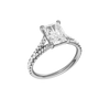 A three-quarter view of the Radiant cut diamond engagement ring in platinum with a diamond band and solitaire setting
