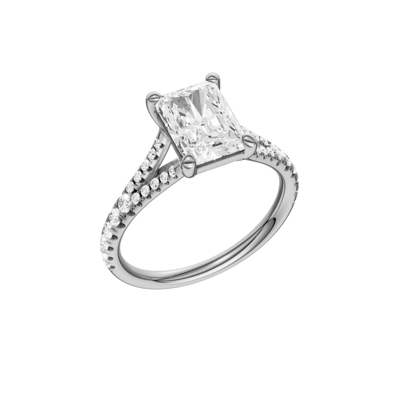 A three-quarter view of the Radiant cut diamond engagement ring in platinum with a diamond band and solitaire setting