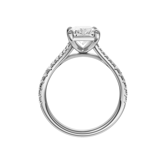 A profile view of the Radiant cut diamond engagement ring in platinum with a diamond band and solitaire setting