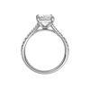 A profile view of the Radiant cut diamond engagement ring in platinum with a diamond band and solitaire setting