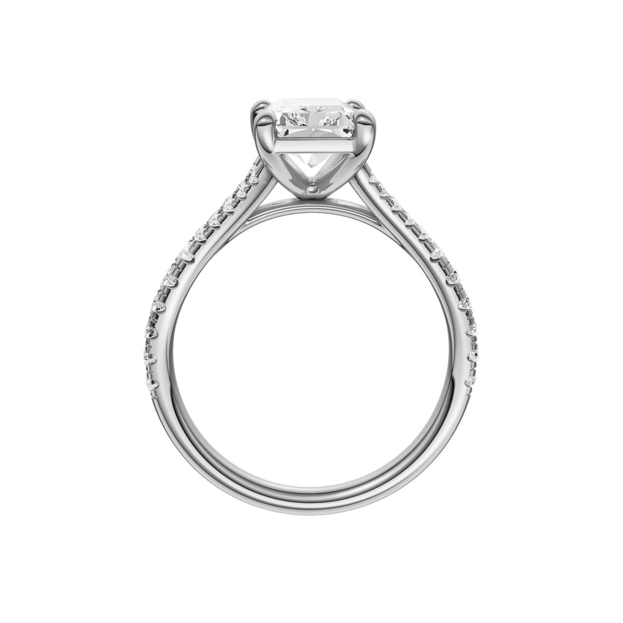 A profile view of the Radiant cut diamond engagement ring in 14k white gold with a diamond band and solitaire setting