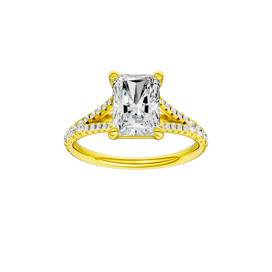 A front view of the Radiant cut diamond engagement ring in 14k yellow gold with a diamond band and solitaire setting