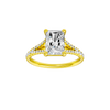 A front view of the Radiant cut diamond engagement ring in 14k yellow gold with a diamond band and solitaire setting