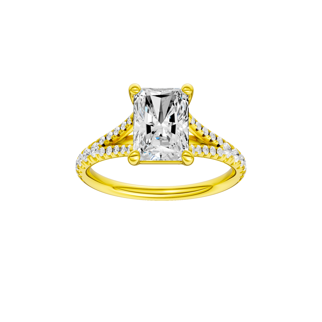A front view of the Radiant cut diamond engagement ring in 14k yellow gold with a diamond band and solitaire setting